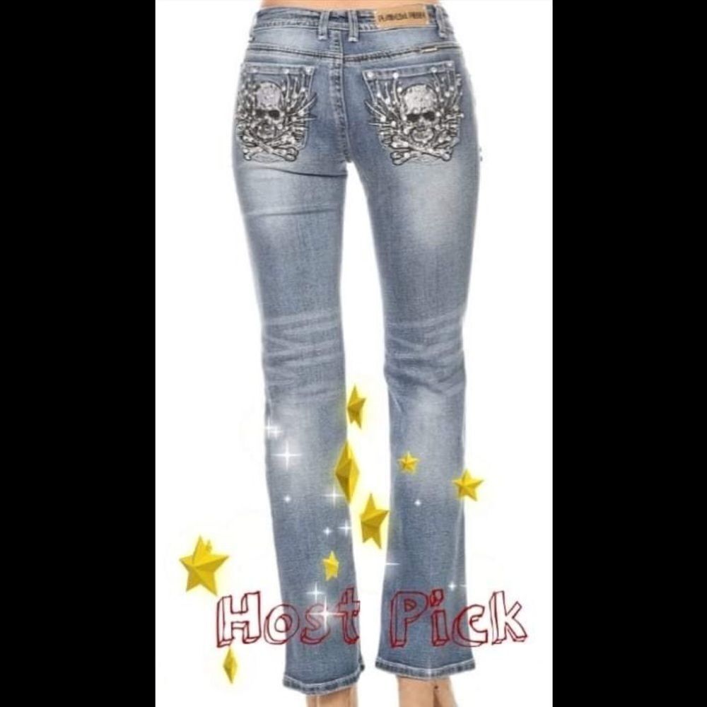 Platinum Plush Skull Crossbones Rhinestone Jeans NWT